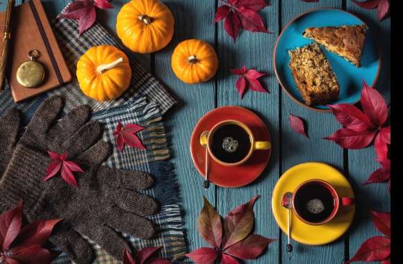 Fall Leaf Coffee Cake Pumpkin Glove Photography Still Life wallpapers hd quality