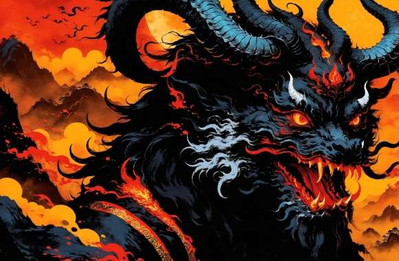 Fantasy art demonic creature fiery background intense expression horns digital illustration