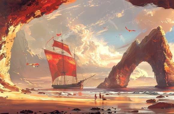 Fantasy Beach Adventure Mystic Ship and Rocky Arch wallpapers hd quality