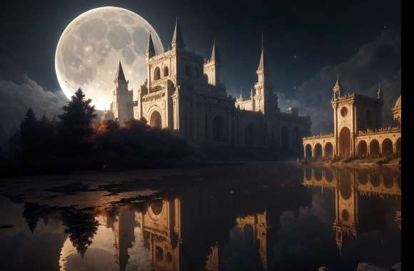 Fantasy Castle Moon Pond Reflection wallpapers hd quality