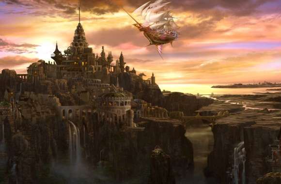 Fantasy Cityscape with Sky Ship -