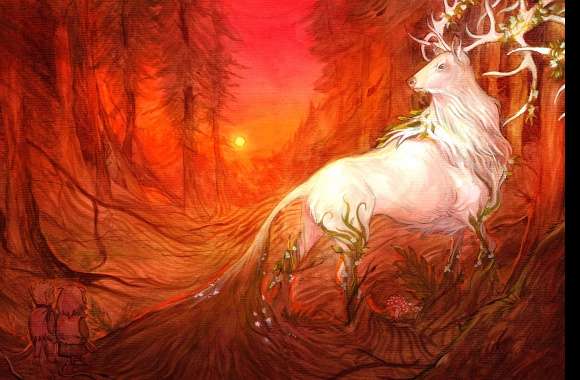 Fantasy Forest Enchanted Deer in Orange Glow -