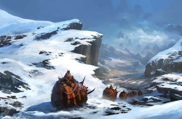 Fantasy Mammoth Caravan in Snowy Mountains