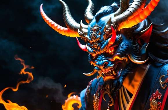 Fantasy Mythical Demonic Horned Armored Warrior Flames Manga or anime-inspired