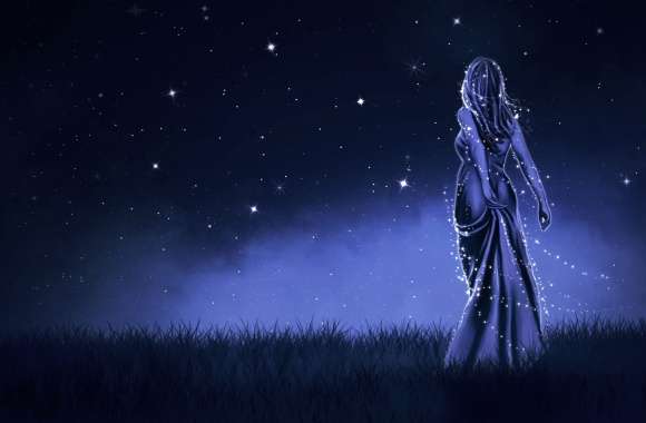 Fantasy Night of a Woman Under a Starry Sky