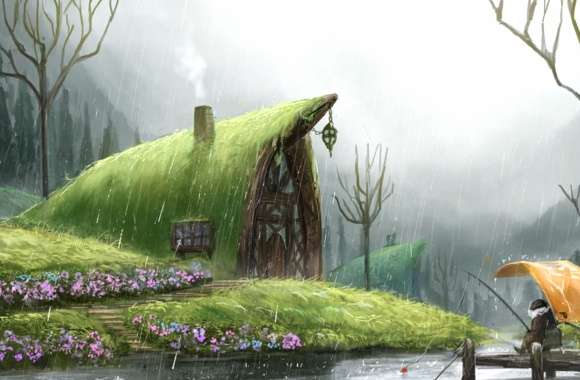 Fantasy Rainy Pond House - wallpapers hd quality