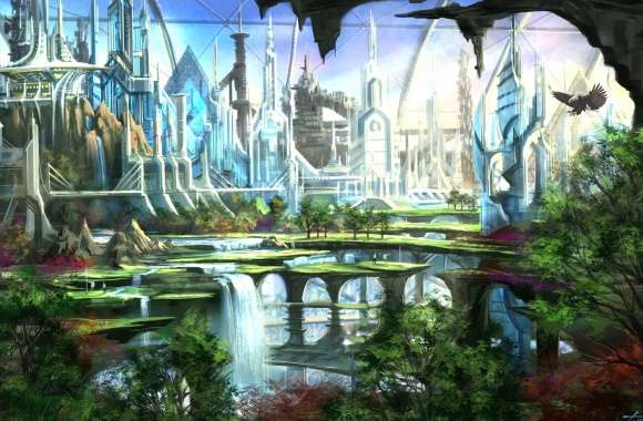 Fantasy Waterfall City wallpapers hd quality