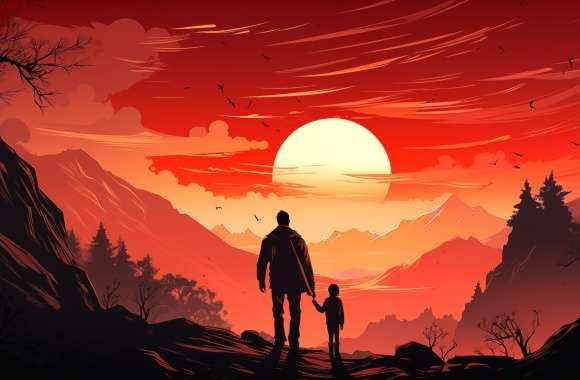 Father-Daughter Bond in Sunset Landscape wallpapers hd quality