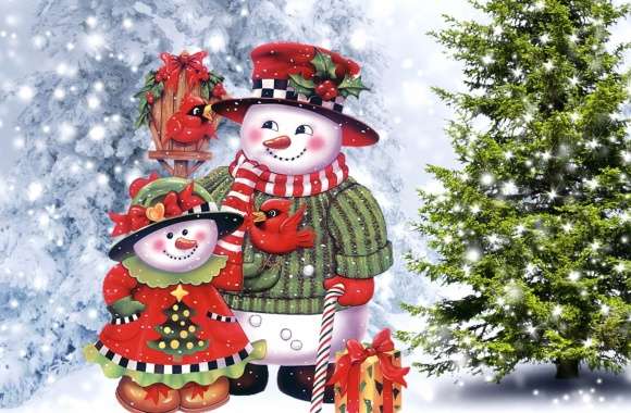 Festive Snowman and Tree HD Christmas Wallpaper