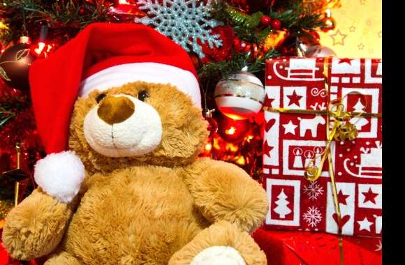 Festive Teddy Bear in Santa Hat Among Christmas Ornaments wallpapers hd quality