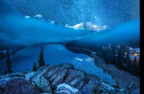 Fog Starry Sky Star Night Forest Lake Snow Canada Moraine Lake Photography Winter Wallpaper