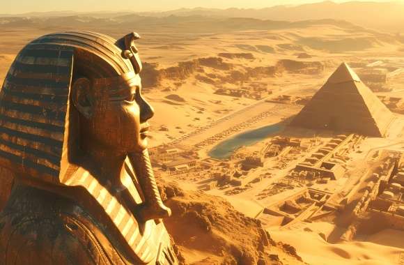 Giant pharaoh statue in ancient egyptian desert