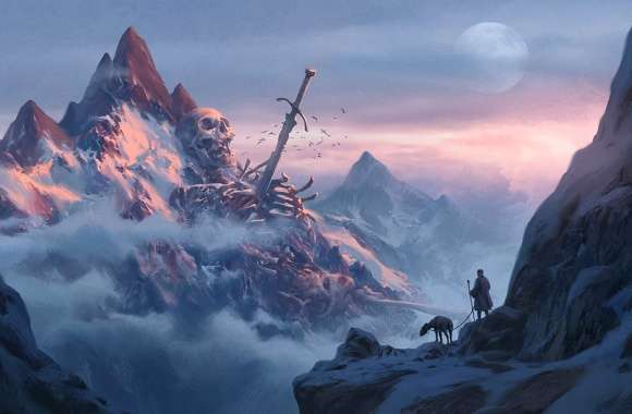 Giant Skeleton on the Mountain - HD Fantasy Wallpaper