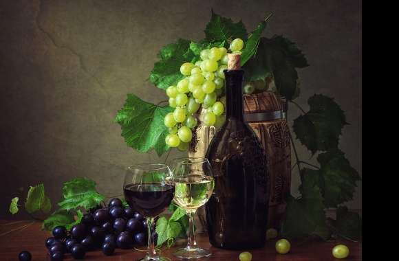 Glass Leaf Cask Wine Grapes Photography Still Life Wallpaper