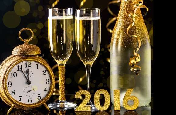 Glass New Year Clock Bottle Champagne Holiday New Year 2016
