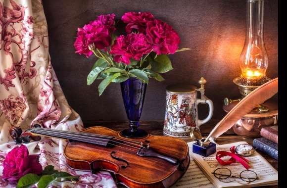 Glasses Book Quill Sheet Music Oil Lamp Stein Violin Flower Photography Still Life