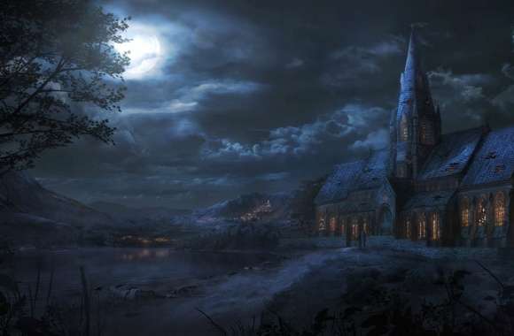 Gothic Church in Foggy Night - wallpapers hd quality