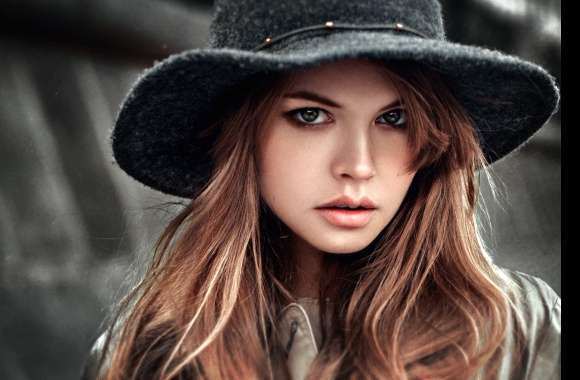 Green-Eyed Brunette Model with Hat