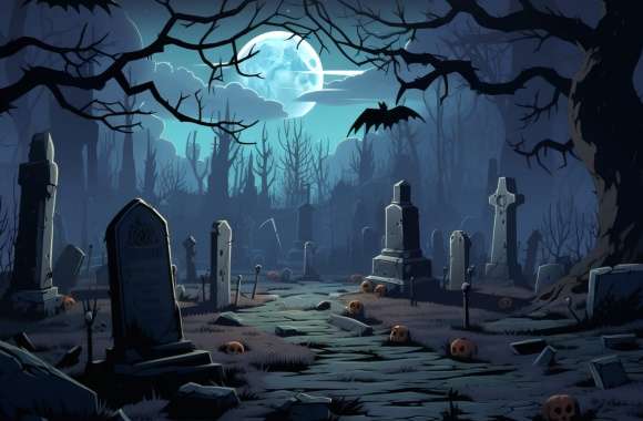 Halloween Cemetery in Dark Night Wallpaper