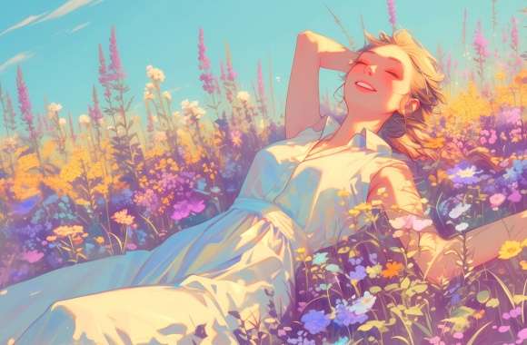 Happy Woman in Wildflowers -