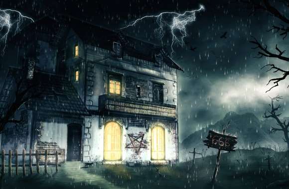 Haunted Night A Dark with Lightning and a Pentagram