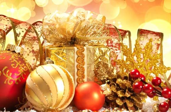 HD Wallpaper of Christmas Ornaments and Gifts for a Festive Holiday Spirit