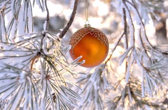 HD Wallpaper of Enchanting Christmas Ornaments on Snowy Pine wallpapers hd quality