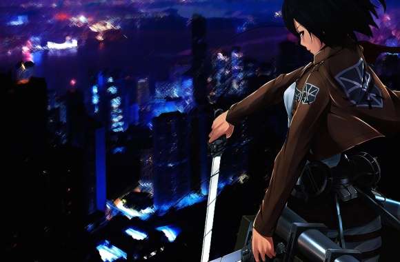 HD Wallpaper of Mikasa Ackerman Fantasy Warrior in a Cityscape