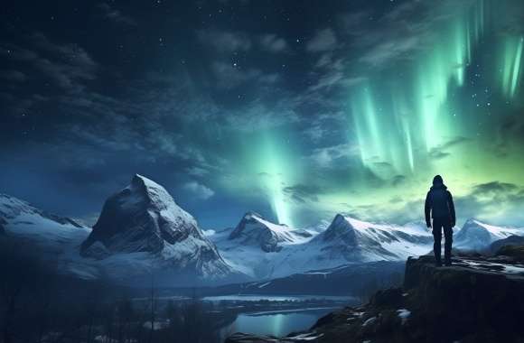 Hiker Under Aurora Borealis - Mountain Night Sky