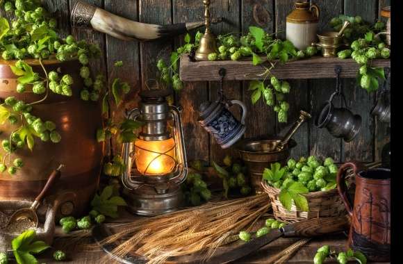 Hop Wheat Lantern Photography Still Life wallpapers hd quality