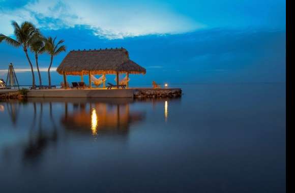 Horizon Tropical Ocean Palm Tree Hammock Hut Bungalow Resort Man Made Photography Holiday