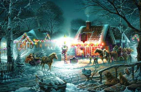 Horse Drawn Vehicle Light House Snow Vintage Holiday Christmas Artistic Painting