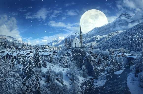 House Mountain Town Moon Tree Snow Landscape Photography Winter