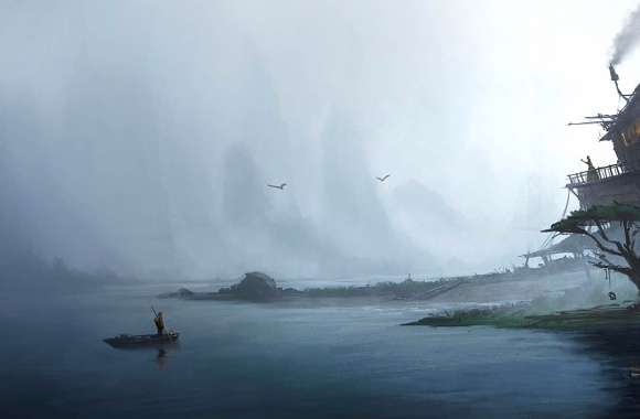 Island Fog Lonely Tree Dark Lake Fantasy House wallpapers hd quality
