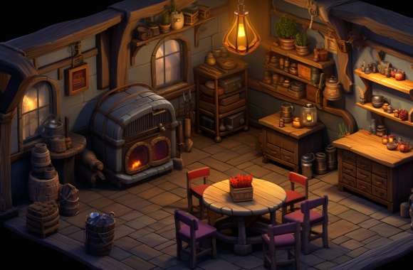 Isometric Fantasy Medieval Tavern Wallpaper