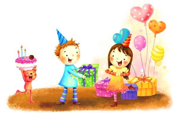 Joyful Birthday Celebration of Kids with Gifts and Balloons