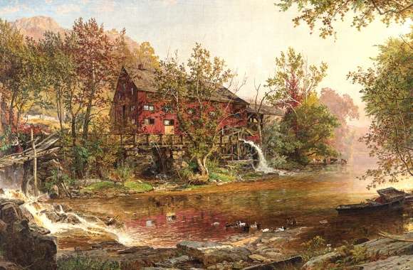 Landscape Watermill Duck Stream Bridge Artistic Painting