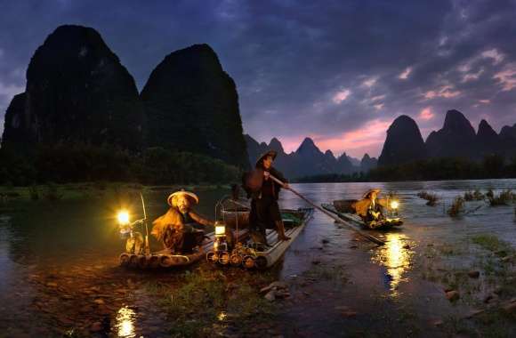 Light Asian River Boat Photography Fisherman Wallpaper