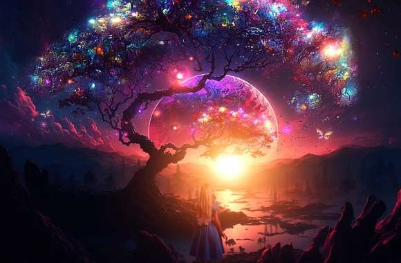 Light Girl Sunset Tree Planet Fantasy Landscape wallpapers hd quality