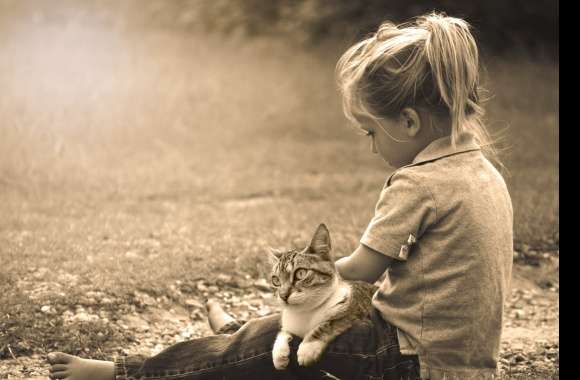 Little Girl Sepia Cat Photography Child