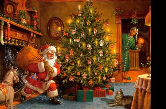 Living Room Christmas Tree Santa Holiday Christmas Wallpaper