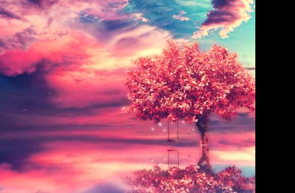 Love Swing Under a Pink Tree - wallpapers hd quality