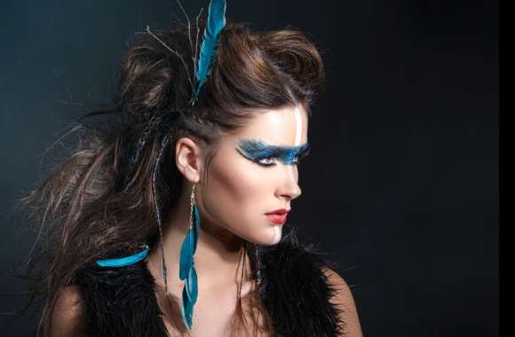 Makeup Feather Blue Eyes Brunette Woman Model