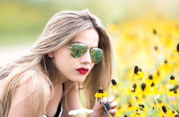 Model in Sunglasses with Yellow Flowers -