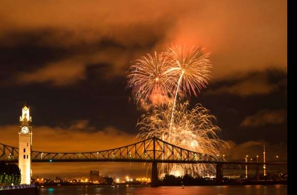 Montreal Canada Orange (Color) Light Bridge River Night Photography Fireworks