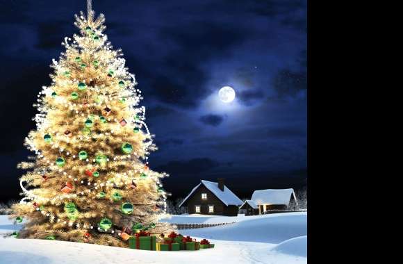 Moon Light Christmas Tree Night House Snow Winter Holiday Christmas Wallpaper