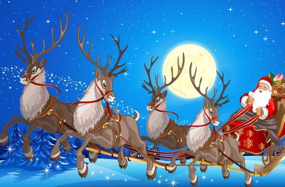 Moon Sleigh Reindeer Santa Holiday Christmas