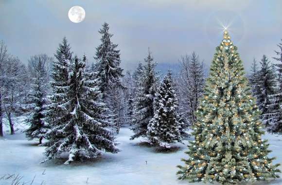 Moon Star Snow Forest Christmas Tree Holiday Christmas