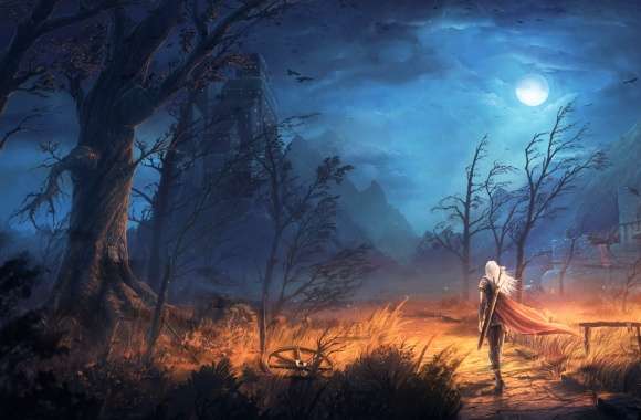 Moonlit Castle Path - HD Fantasy Warrior Wallpaper