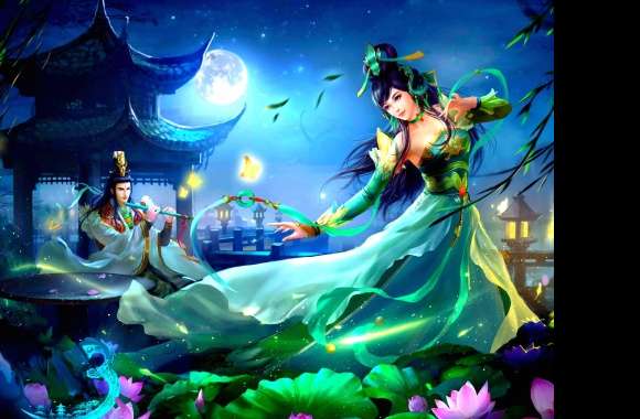 Moonlit Dance A Fantasy with Lotus and Pagoda wallpapers hd quality